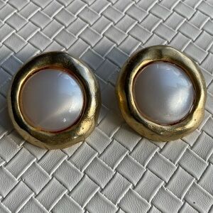 Clip On Faux Pearl Earrings, Gold Tone 1.5”, Dramatic, Unusual, Statement,Runway